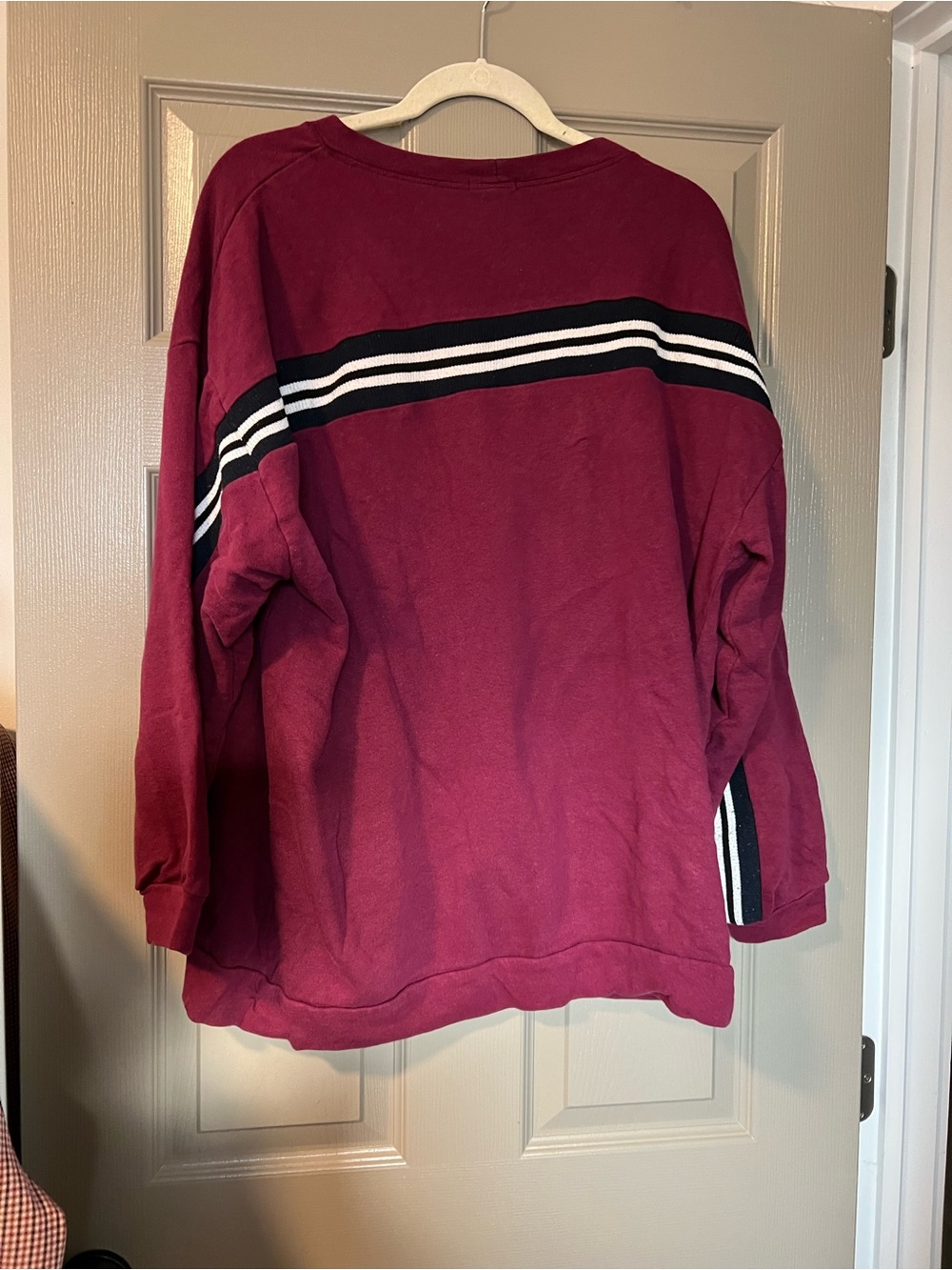Maroon Crewneck Sweatshirt with Black & White Stripes